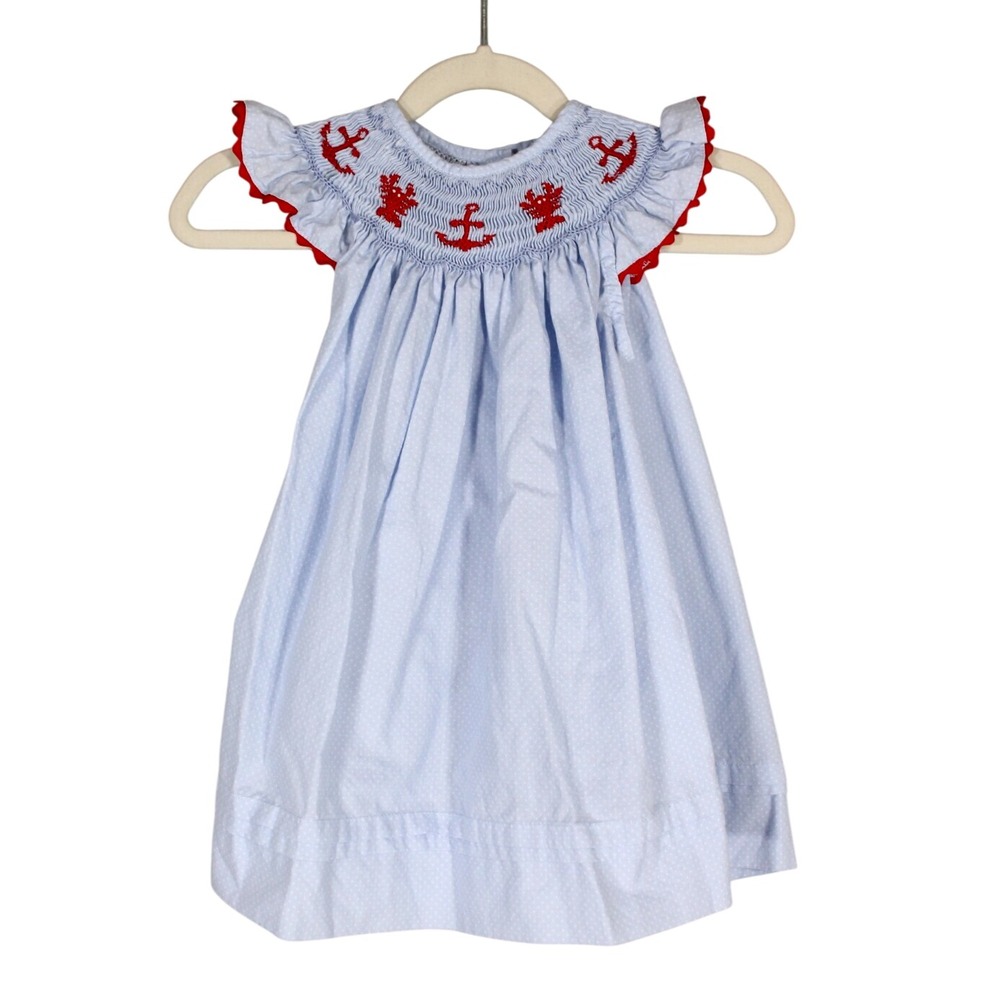 BELLA MIA KIDS Blue POLKA-DOT Twill SMOCKED LOBSTER/ANCHOR Dress w/Bloomers 18M